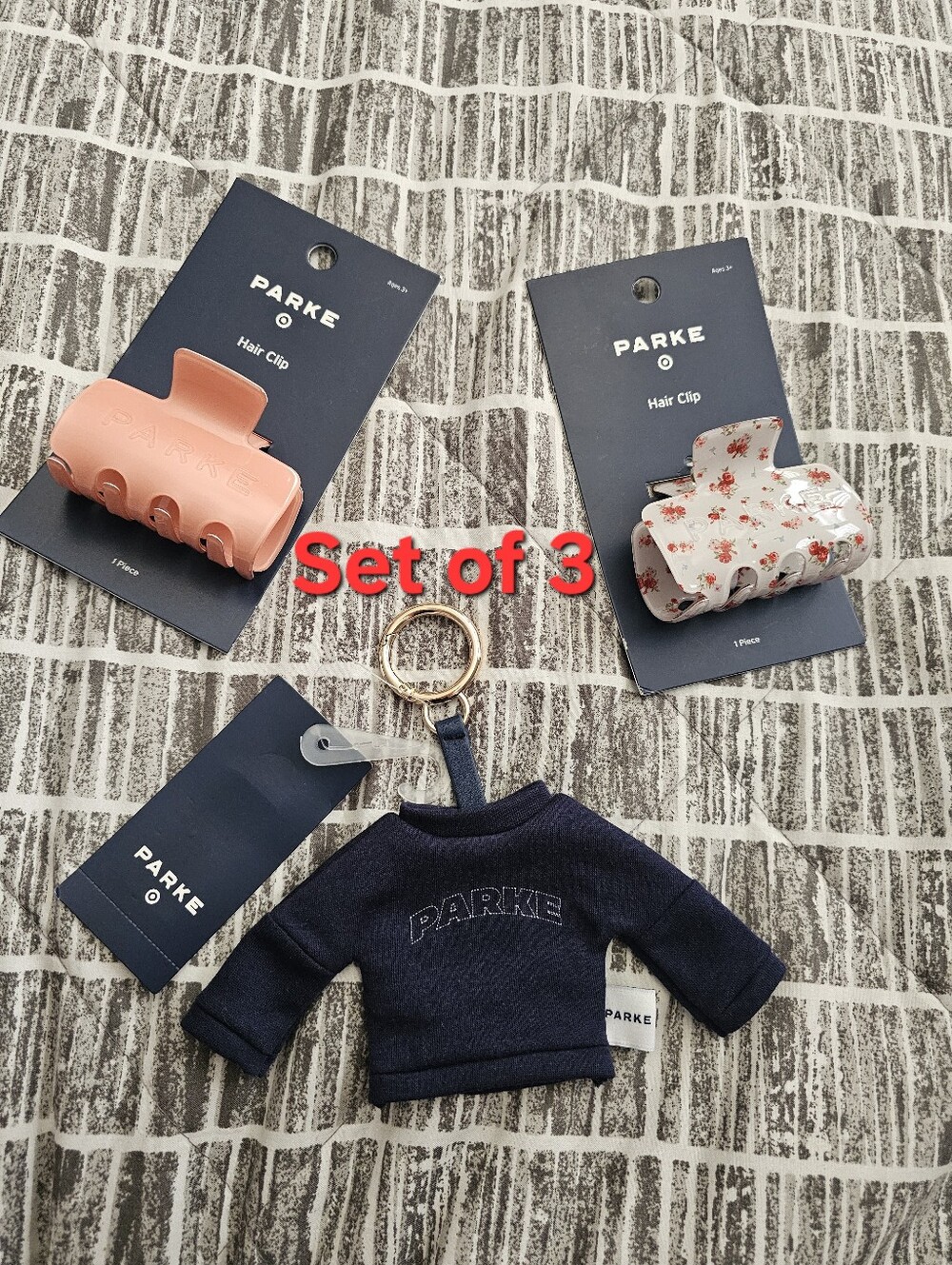 PARKE X Target Navy Sweatshirt Keychain, Peach Orange & Floral Hair Clips
